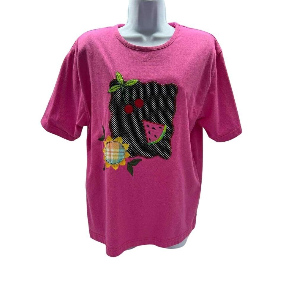 Vintage Renee M Sport Bright Pink TShirt L 14-16 Watermelon Cherry Summer Picnic - Picture 1 of 7